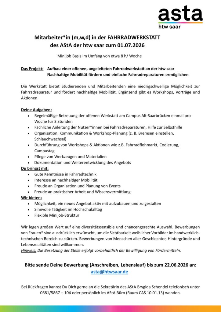 Mitarbeiter*in (m,w,d) in der FAHRRADWERKSTATT des AStA der htw saar zum 01.07.2026, Minijob