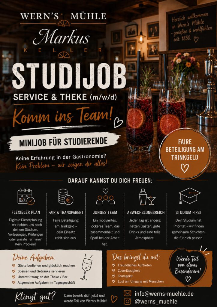 Studijob gesucht? Komm ins Team von Wern’s Mühle! 🍻