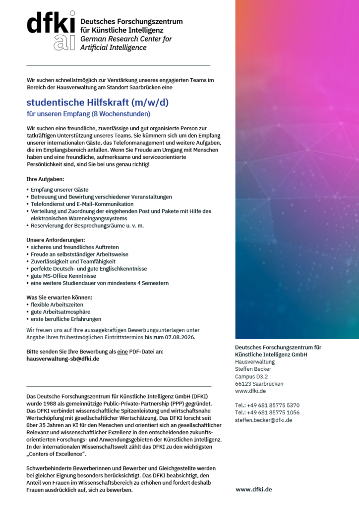 studentische Hilfskraft (m/w/d) für unseren Empfang (8 Wochenstunden)