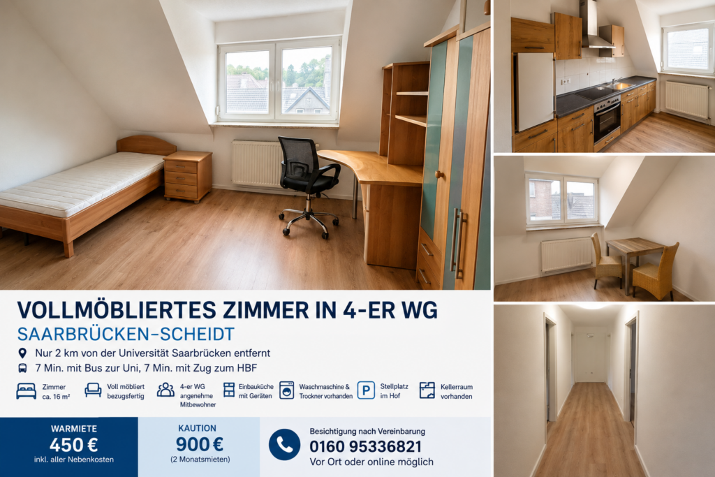 Vollmöbliertes Zimmer in einer 4-er WG, 2km entfernt von Uni Saarbrücken