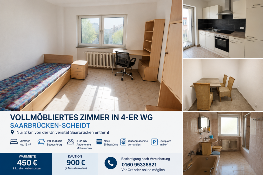 Vollmöbliertes Zimmer in einer 4-er WG, 2km entfernt von Uni Saarbrücken