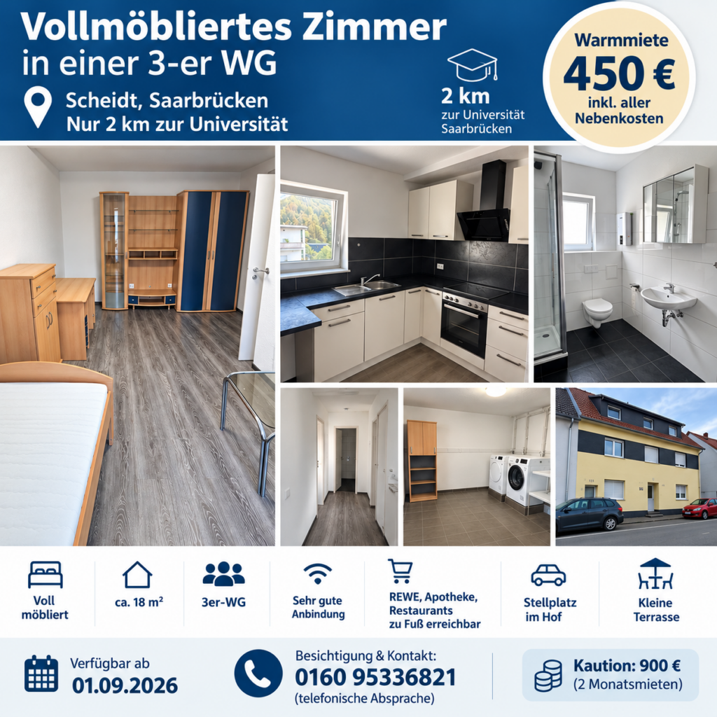 Vollmöbliertes Zimmer in einer 3-er WG, 2km entfernt von Uni Saarbrücken