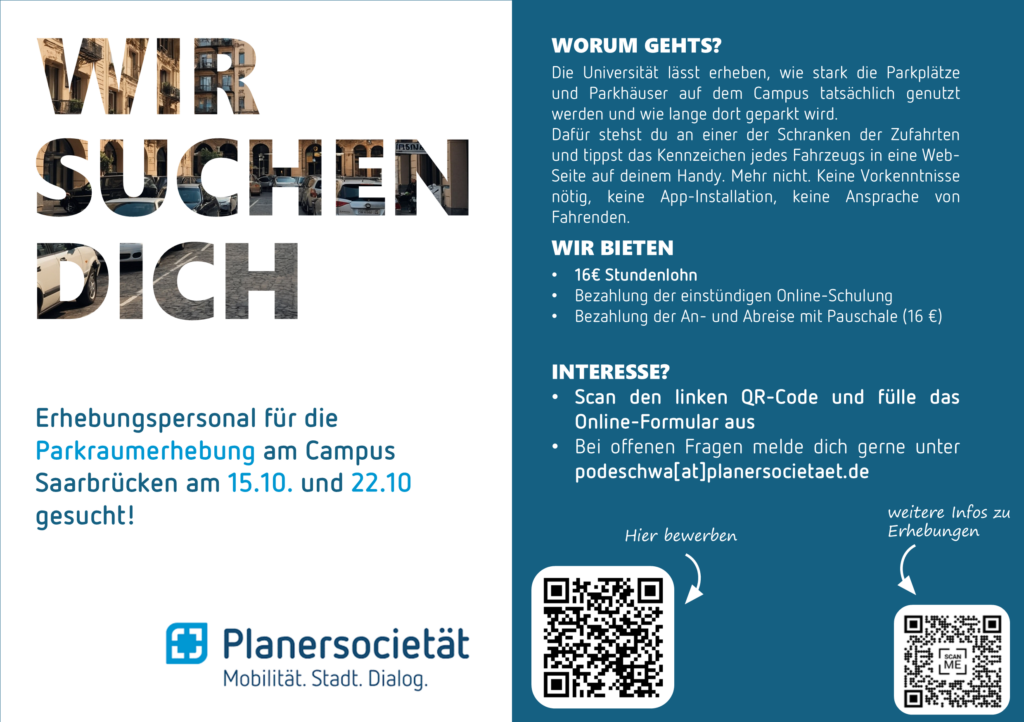 BEZAHLTE NEBENTÄTIGKEIT AM 15. UND 22. OKTOBER 2026 – Erhebung der Parkdauer auf dem Universitäts-Campus in Saarbrücken
