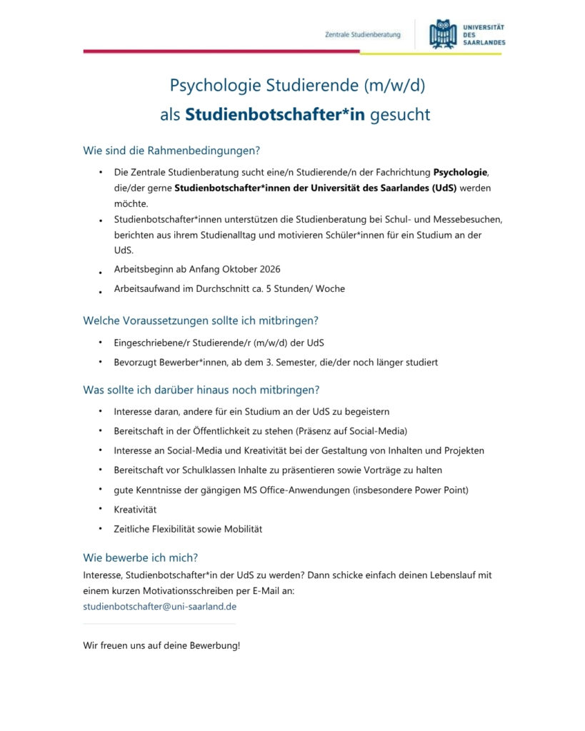 Psychologie Studierende (m/w/d) als Studienbotschafter*in gesucht