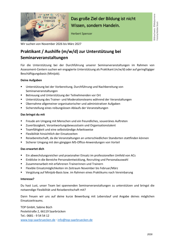 Praktikant / Aushilfe (m/w/d) zur Unterstützung bei Seminarveranstaltungen